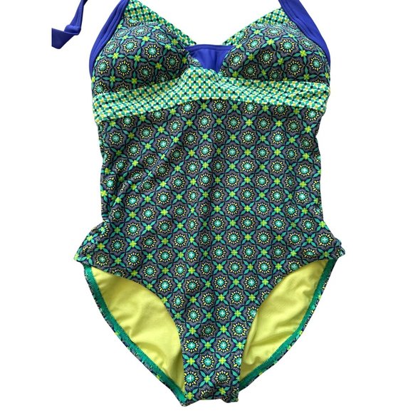 Prana Womens XS One-Piece Swimsuit With Blue Green & Yellow Geometric Print Halt - Picture 3 of 12
